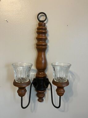 VTG Home Interiors Iron & Wood Wall Sconce W/ Pair Of Candle Holders 9.5x17.5”